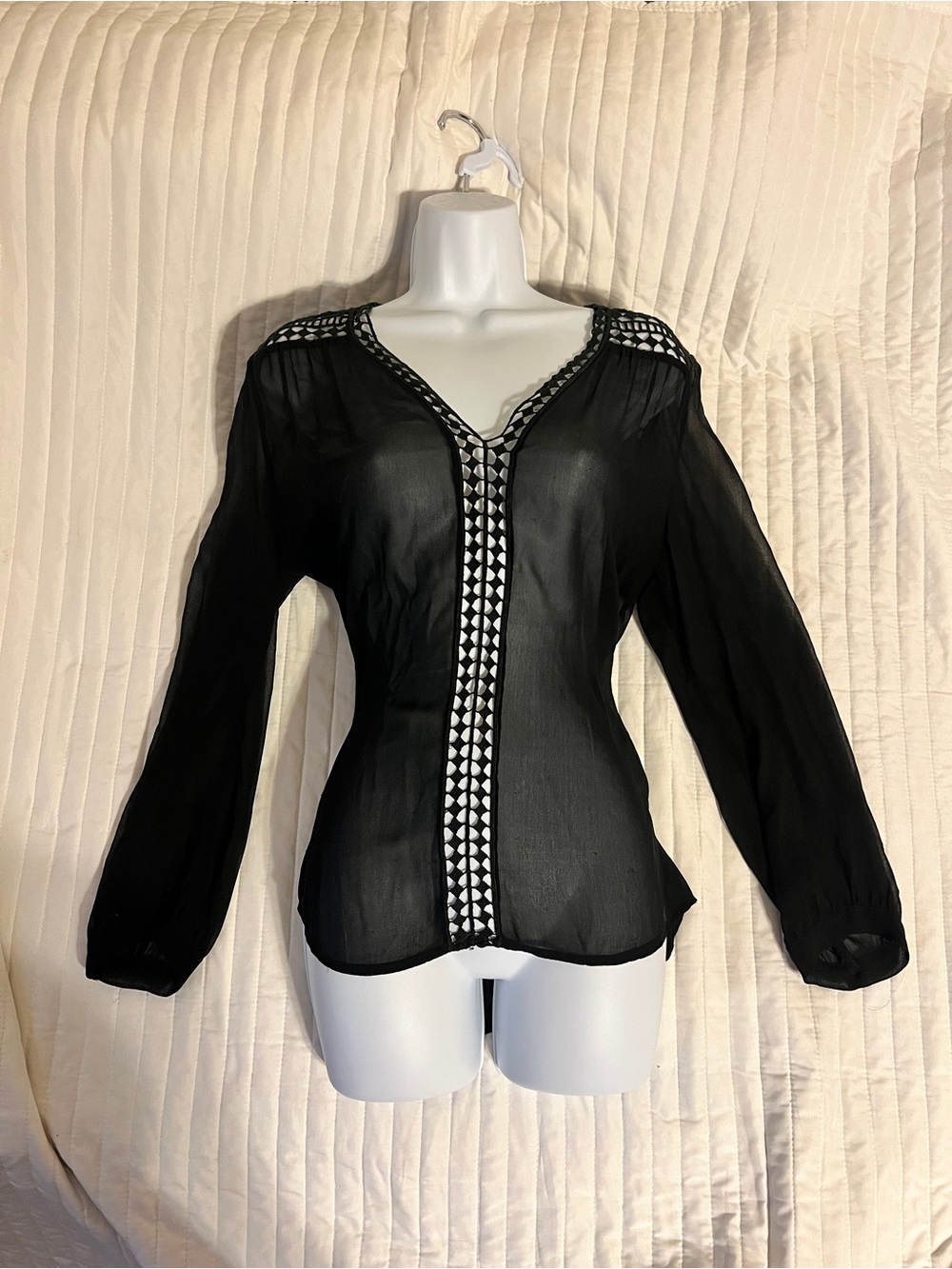 Joie long sleeve silk-like v-neck crochet trim blouse